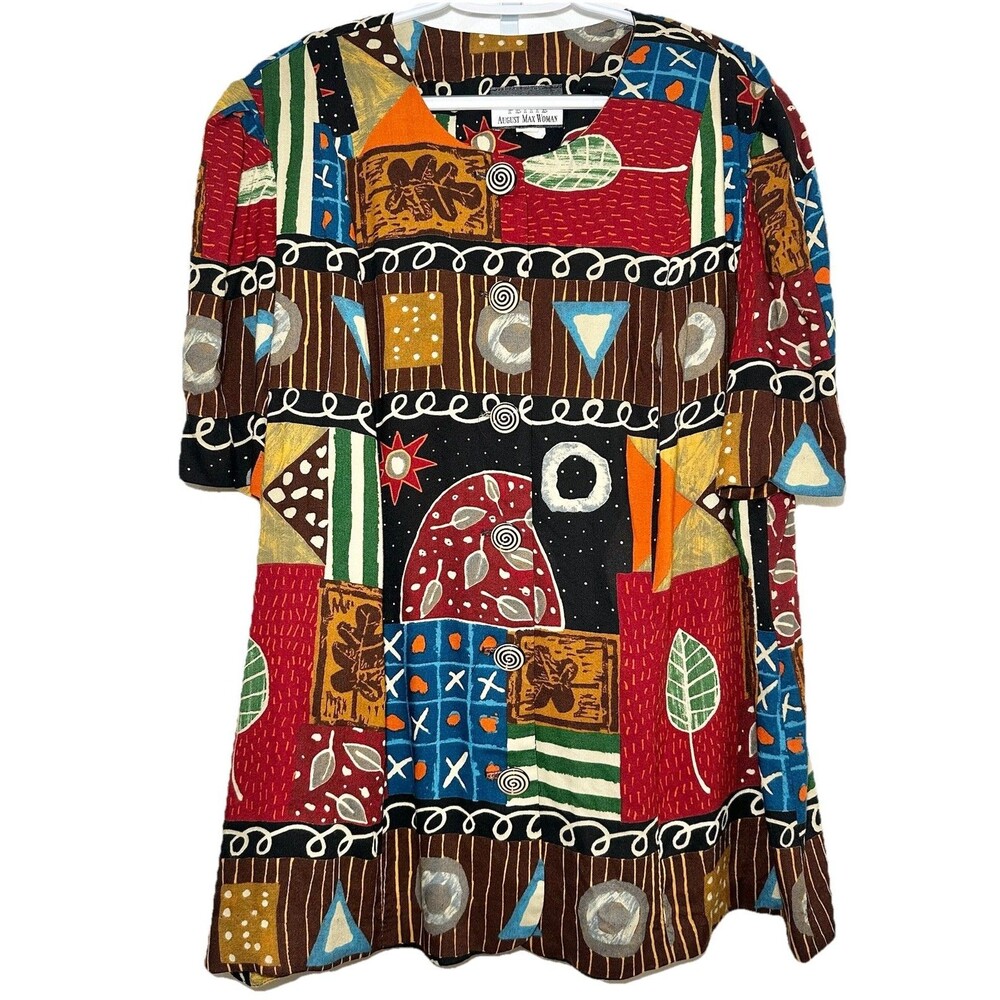 Vintage Patchwork Rayon Blouse Petite XL Artsy Abstract Button Front